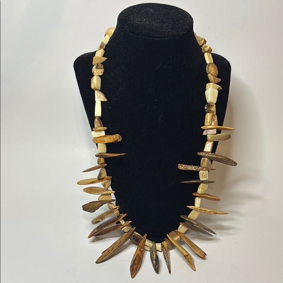 Tribal Brown and Cream Beaded Bohemian Style Statement Necklace 24” - Picture 1 of 6